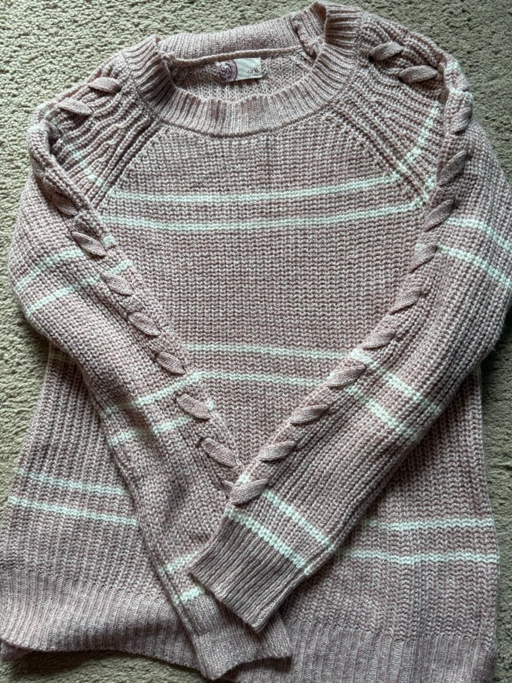 SO Pink Striped Chunky Knit Sweater | Cozy Cable Sleeve Pullover Size M